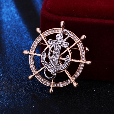 Picture of Luxury Stoned Rudder Wheel Anchor Brooch For Men & Women Fashion Accessories (Golden With Silver Anchor)
