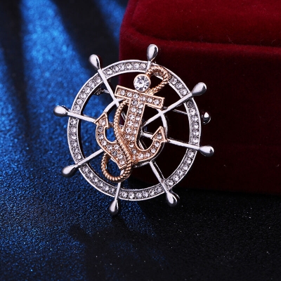 Picture of Luxury Stoned Rudder Wheel Anchor Brooch For Men & Women Fashion Accessories (Silver With Golden Anchor)