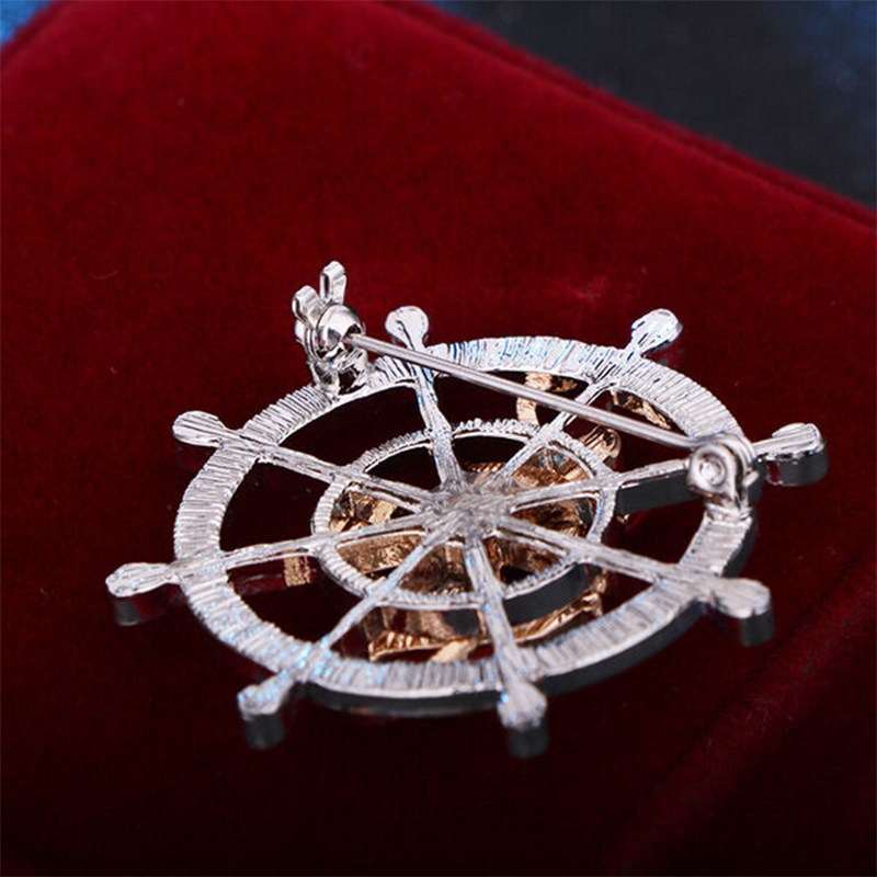 Picture of Luxury Stoned Rudder Wheel Anchor Brooch For Men & Women Fashion Accessories (Silver With Golden Anchor)