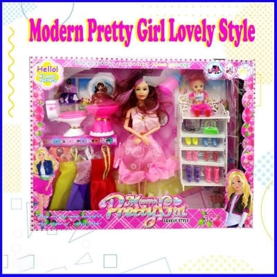 Picture of Barbie Modern Pretty Girl Lovely Style With Dress, Shoes, Bathroom set, with Baby Doll 30cm Multicolor