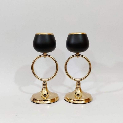 Picture of Golden Color Metal Body Black Candle Holder 2 Pcs Set Gold