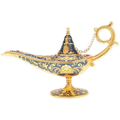 Picture of Aladdin Lamp, Metal Carved Hollow Legend Lamp Hollow Aladdin Magic Genie Light Wishing Pot Home Decorations Blue