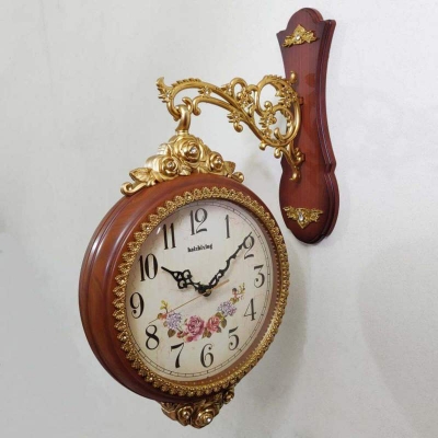 Picture of Wood and Golden Color Fiber Made Double Sided Station Wall Clock Brown