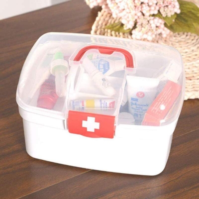 Picture of First Aid Kit Case Double Layer Clear Top Portable House Holder Organizer Box for Travel Office Home Supply Red