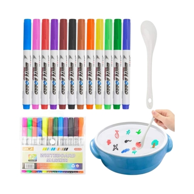 Picture of 12 Colors Magic Floating Water Painting Pen Set for Kids | Erasable Whiteboard Marker | DIY Drawing Doodle Kit with Ceramic Spoon & Towel | Fun Educational Gift Toy Multicolor