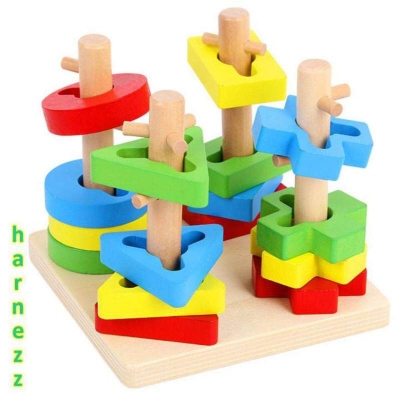 Picture of Wooden Four Column Set Blocks Geometry Puzzles Educational Toys for Kids Multicolor