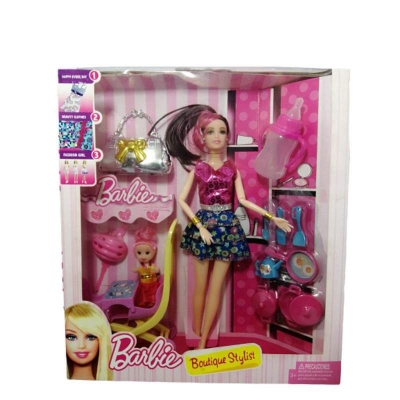 Picture of One Set New Multicolor Assembly Barbie Baby Stroller Trolley Doll With Baby Multicolor