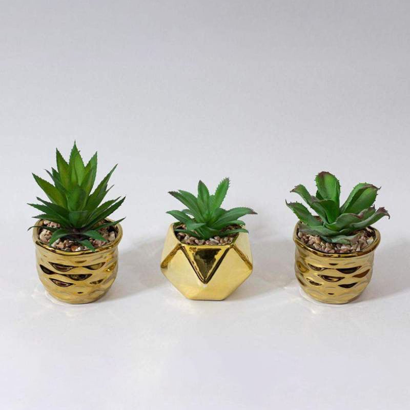 Picture of 1pcs Golden Color Ceramic Type Pot With Artificial Succulent Gold