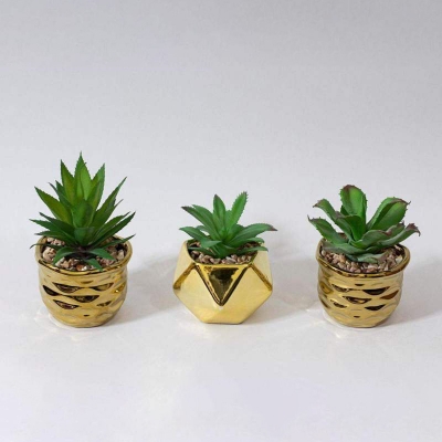 Picture of 1pcs Golden Color Ceramic Type Pot With Artificial Succulent Gold