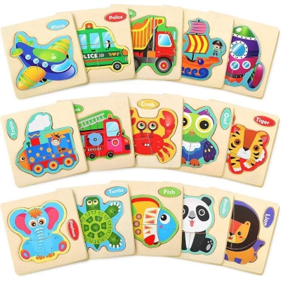 Picture of 6 piece Wooden Puzzles for Toddlers 3 Years Animal Vehicle Jigsaw Puzzle Educational Kids Puzzles Toys Montessori Learning Jigsaw Toy Multicolor
