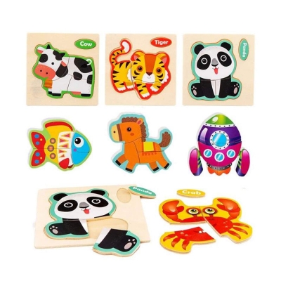 Picture of 3 pieces Wooden Puzzles for Toddlers 3 Years Animal Vehicle Jigsaw Puzzle Educational Kids Puzzles Toys Montessori Learning Jigsaw Toy Multicolor