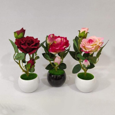 Picture of 1pcs Artificial Vevlet Rose with Black Color Ceramic Pot Multicolor