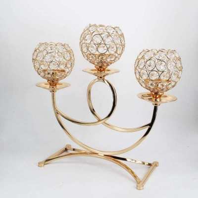 Picture of Crystal Candle Holder Golden Plated 3-Arms Metal Candelabra With Pendants Arch Bridge Shape Home Decoration Or Wedding Road Lead Gold