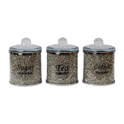 Picture of Per Pcs Heavy Glass with Glitter Design Tea, Coffee & Sugar Jar Gold