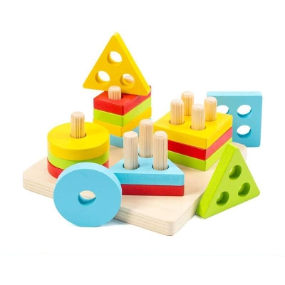 Picture of Wooden Stacking Toys & Shape Sorting Board  Geometric Shape Stacker  Eco-Friendly & Non-Toxic Wooden Toy  Early Childhood Development Toys Multicolor