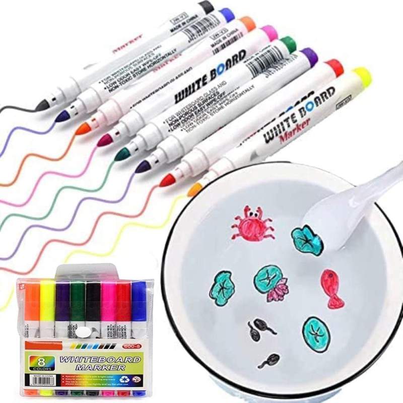 Picture of 12 Colors Magic Floating Water Painting Pen Set for Kids | Erasable Whiteboard Marker | DIY Drawing Doodle Kit with Ceramic Spoon & Towel | Fun Educational Gift Toy Multicolor