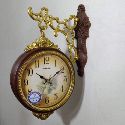Picture of Wood and Golden Color Fiber Made Double Sided Station Wall Clock Brown