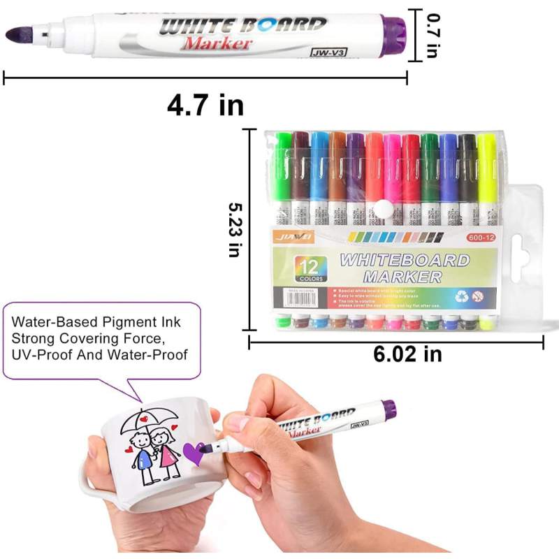 Picture of 12 Colors Magic Floating Water Painting Pen Set for Kids | Erasable Whiteboard Marker | DIY Drawing Doodle Kit with Ceramic Spoon & Towel | Fun Educational Gift Toy Multicolor