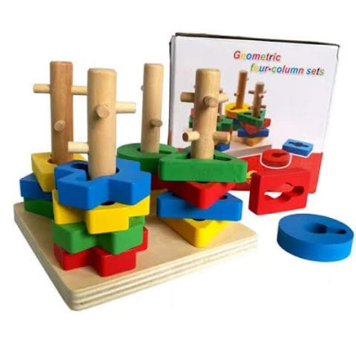 Picture of Wooden Four Sets Column, Geometric Shape Four Column Blocks, Early Educational & Learning Toys 