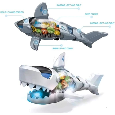 Picture of Battery Operated Transparent Gear Robot Shark Car Vehicle Toy for Kids|Boys|Girls with 3D Colorful Light & Music and Bump & go Action Multicolor