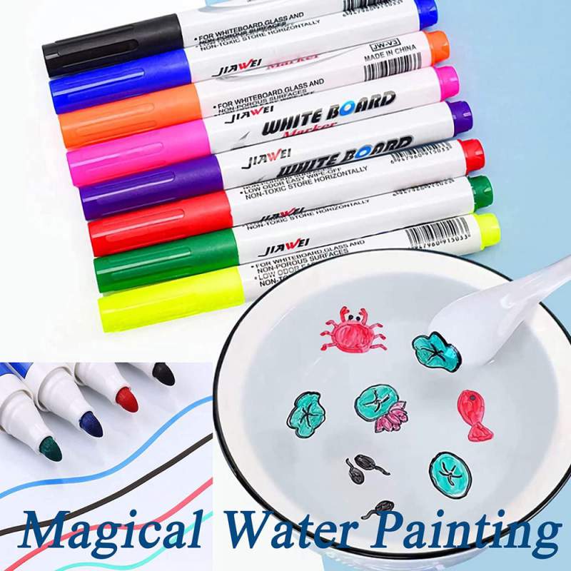 Picture of 12 Colors Magic Floating Water Painting Pen Set for Kids | Erasable Whiteboard Marker | DIY Drawing Doodle Kit with Ceramic Spoon & Towel | Fun Educational Gift Toy Multicolor