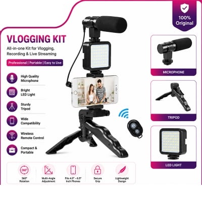 Picture of Exclusive AY-49 Phone Vlog Tripod Vlogging Kits Live Selfie Fill Light Integration with Remote Control Microphone LED Light Multicolor
