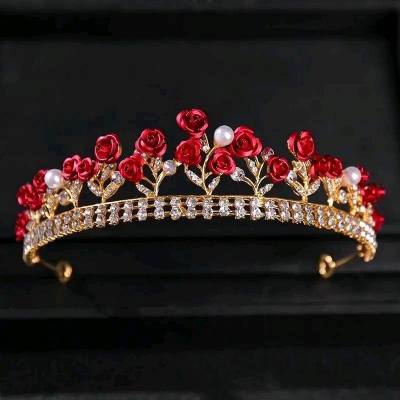 Picture of Women Elegant Wedding Bride Crown Headwear Rhinestone Tiaras Cute Head Pin Gift Red