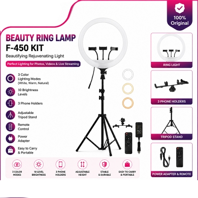 Picture of 18" Inch (45cm) LED Ring Light & 3 Phone Holder With Tripod Selfie Mobile Laptop Live Beauty Light Lamp Big Photography Ringlight with Stand for Phone Studio for Tiktok Youtube Live Makeup Photography Video Black