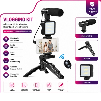 Picture of Exclusive AY-49 Phone Vlog Tripod Vlogging Kits Live Selfie Fill Light Integration with Remote Control Microphone LED Light Multicolor