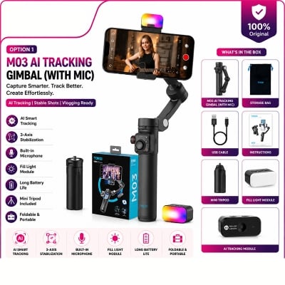 Picture of TOKQI M03 Handheld Gimbal 3-Axis AI Tracking Stabilizer with Wireless Microphone for Smartphones Shooting Vlog, with Fill Light Multicolor