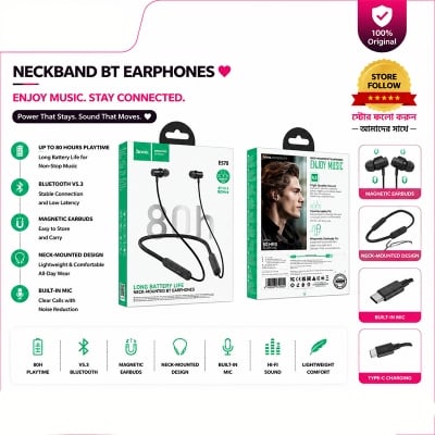 Picture of Hoco ES70 Bluetooth Neckband Long Battery Backup Wireless Earphone Black Magnetic Sports Headset for Android iPhone Multicolor