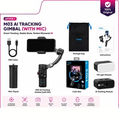 Picture of TOKQI M03 Handheld Gimbal 3-Axis AI Tracking Stabilizer with Wireless Microphone for Smartphones Shooting Vlog, with Fill Light Multicolor