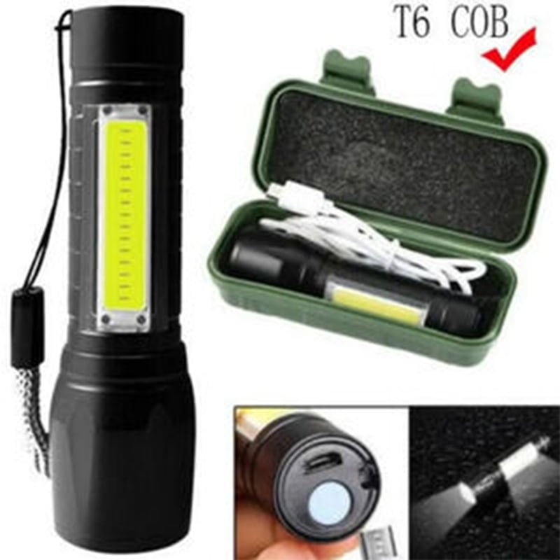 Picture of Zoomable Rechargeable LED Torch - Micro USB Charging with Cable and Case - Stainless Steel Design Black