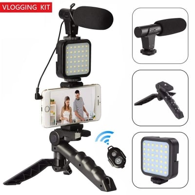 Picture of Exclusive AY-49 Phone Vlog Tripod Vlogging Kits Live Selfie Fill Light Integration with Remote Control Microphone LED Light Multicolor