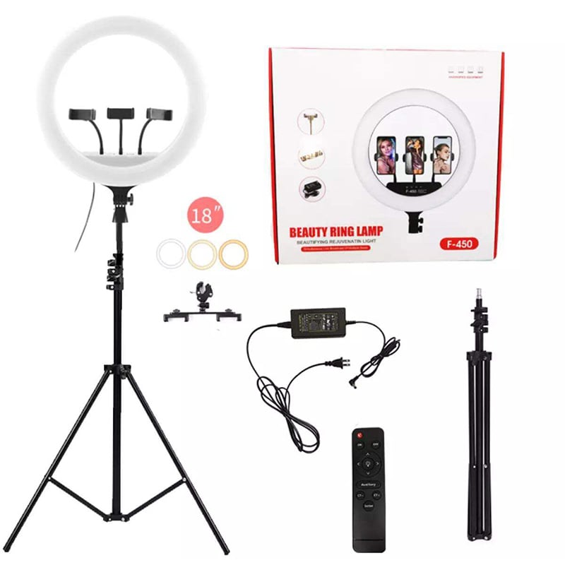 Picture of 18" Inch (45cm) LED Ring Light & 3 Phone Holder With Tripod Selfie Mobile Laptop Live Beauty Light Lamp Big Photography Ringlight with Stand for Phone Studio for Tiktok Youtube Live Makeup Photography Video Black