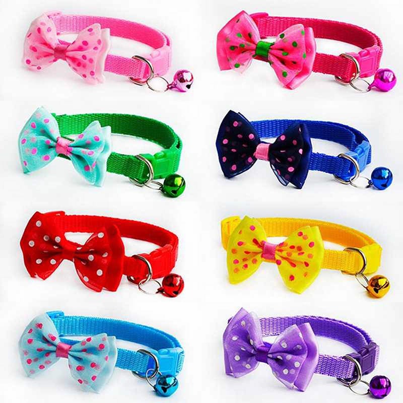 Picture of Pet tie Cat Collar Adjustable Dot Prints Doggy Bow Tie With Bell Fashion Pets Necktie Collars Bells and Charms pet supplies Multicolor
