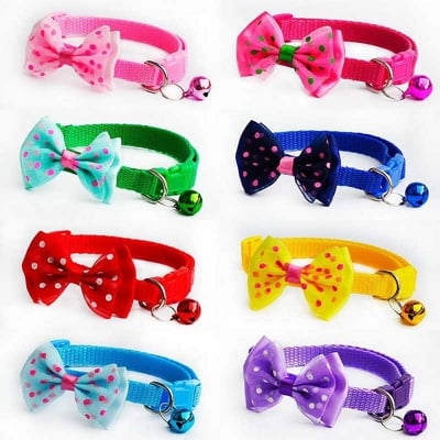 Picture of Pet tie Cat Collar Adjustable Dot Prints Doggy Bow Tie With Bell Fashion Pets Necktie Collars Bells and Charms pet supplies Multicolor