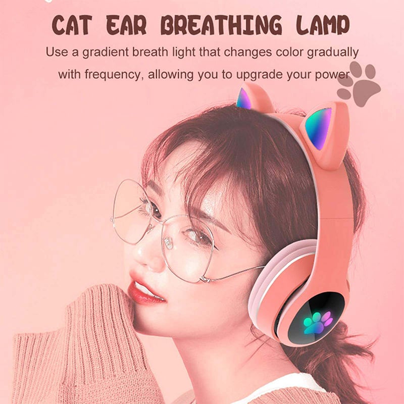 Picture of CAT STN-28 Over Ear Music Headset Glowing Ear Headphones Foldable Wireless BT5.0 Earphone with Mic AUX IN TF Card MP3 Player Colorful LED Lights 