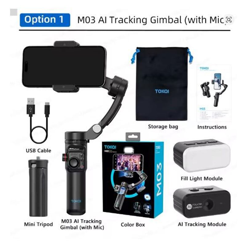 Picture of TOKQI M03 Handheld Gimbal 3-Axis AI Tracking Stabilizer with Wireless Microphone for Smartphones Shooting Vlog, with Fill Light Multicolor