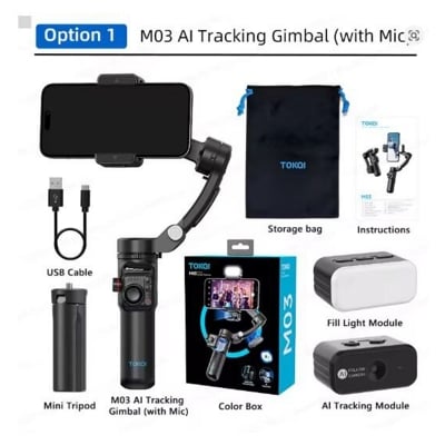 Picture of TOKQI M03 Handheld Gimbal 3-Axis AI Tracking Stabilizer with Wireless Microphone for Smartphones Shooting Vlog, with Fill Light Multicolor