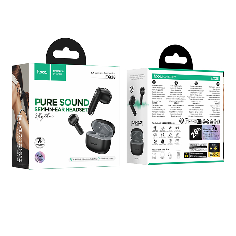 Picture of HOCO | EQ28 Bird | Bluetooth 5.4 TWS Wireless Earbuds | 7h Playtime | 320mAh Charging Case, 40mAh Earbuds | Hall Switch Auto-Pair, Touch Control, Mic | For Android & iPhone Black