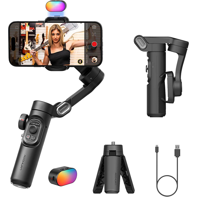 Picture of Smart X Pro 3-Axis Smart Gimbal Stabilizer Set With RGB Magnetic Light OLED Display LED Light Focus Wheel Grey Gimbal Multicolor