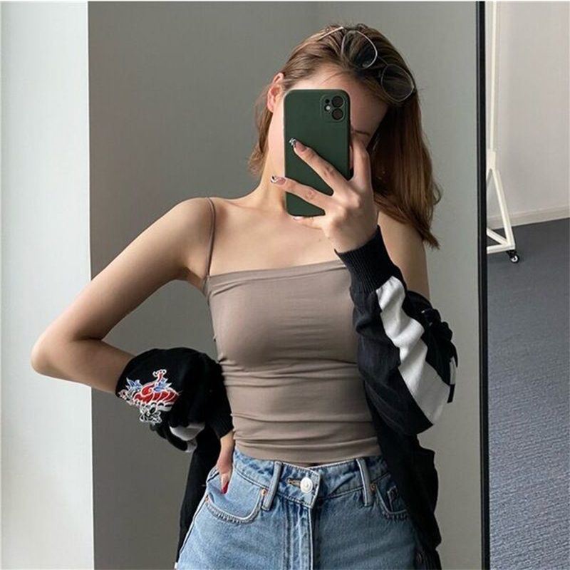 Picture of Summer  hot girl solid color camisole women's one-piece chest pad thin shoulder strap bottoming tube top fashionable outer wear 