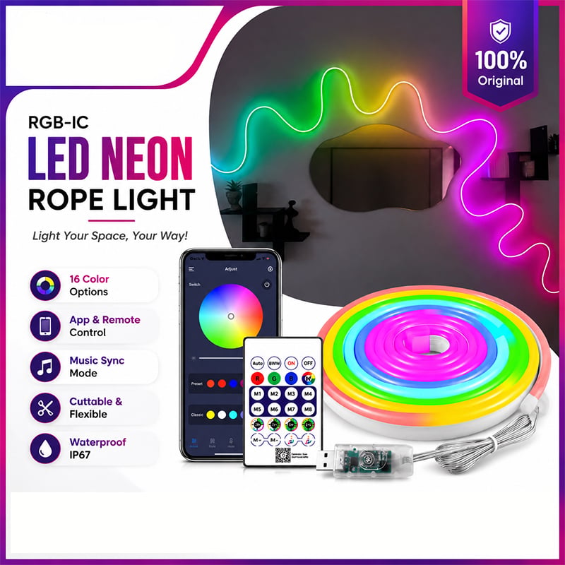 Picture of USB LED Neon Rope Lights, RGB Led Strip Lights with Remote, Color Changing Flexible Led Light Strip, Gaming 5V Neon Lights Multicolor
