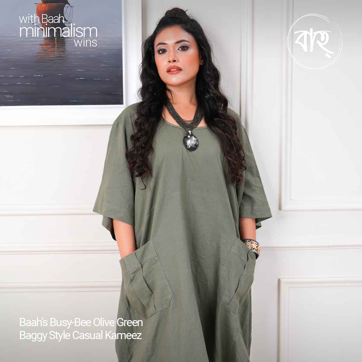 Picture of Baah Store Ltd  Busy-Bee Olive Green Baggy Style Casual Kameez-Olive green
