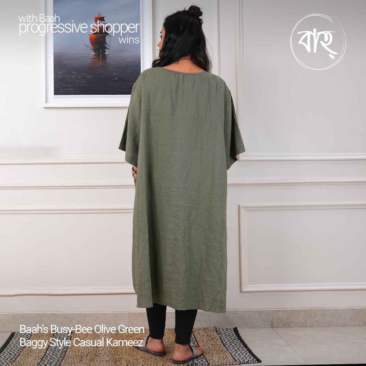 Picture of Baah Store Ltd  Busy-Bee Olive Green Baggy Style Casual Kameez-Olive green