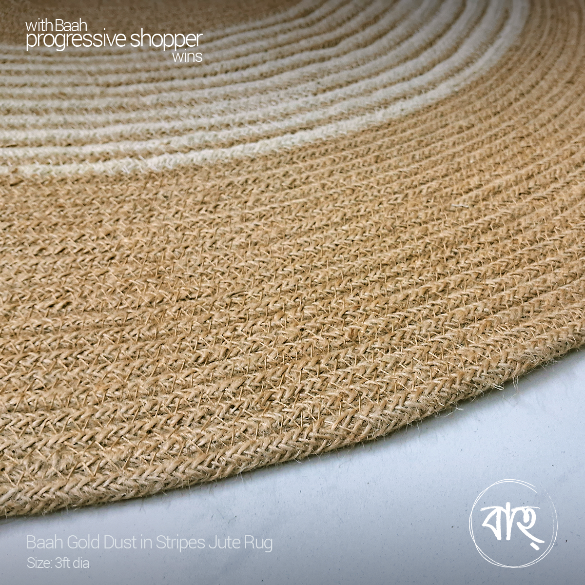 Picture of Baah Store Ltd  Gold Dust in Stripes Jute Rug 3ft dia-beige & white