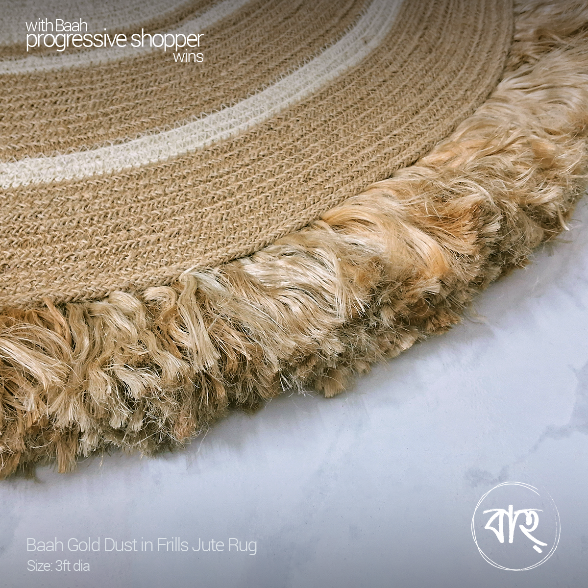Picture of Baah Store Ltd  Gold Dust in Frills Jute Rug 3ft dia-beige & white