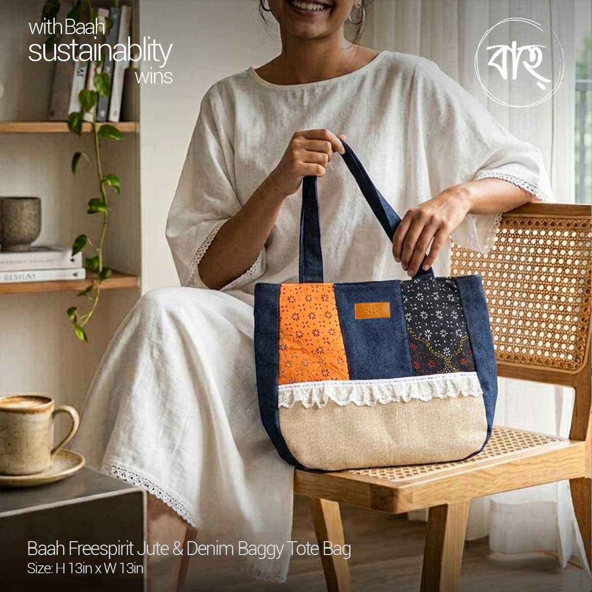 Picture of Baah Store Ltd  Freespirit Jute & Denim Baggy Tote Bag-Multi