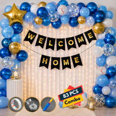 Welcome Home Decoration Items Set - Metallic Balloon Garland Arch Kit with Banner for Homecoming Party - (Pack of 83 Pcs)